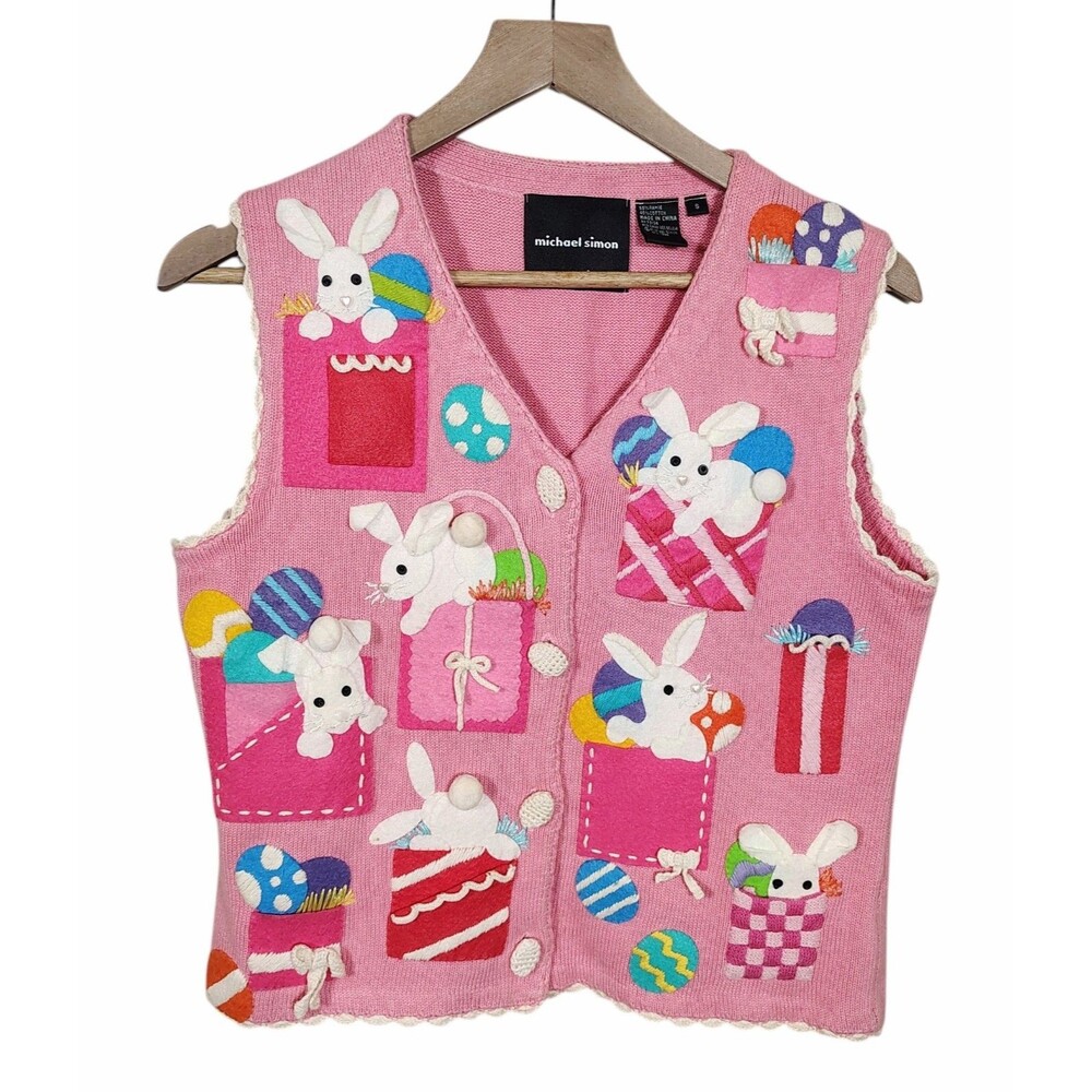 Michael Simon Womens Easter Bunny Sweater Vest Size S Egg Novelty Kitsch Spring